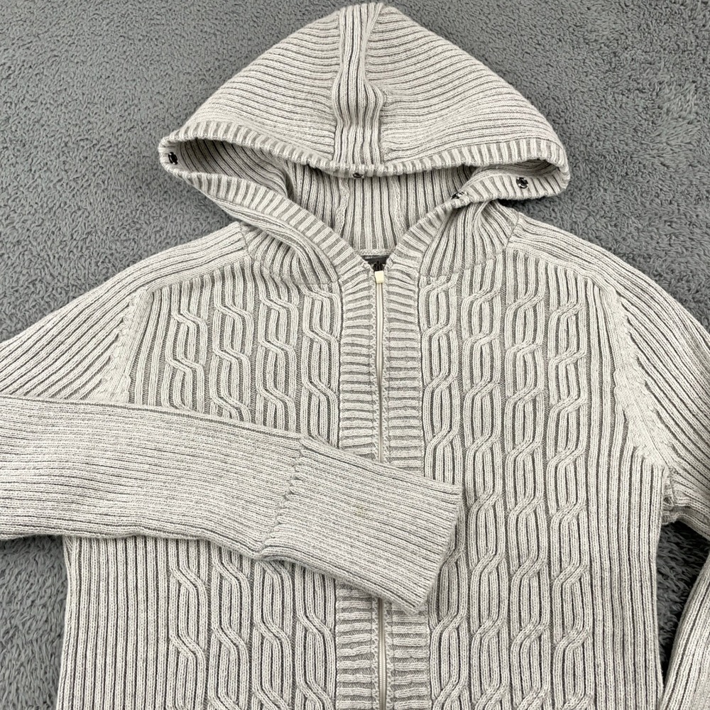 Eddie Bauer Hoodie Womens Medium Gray Ribbed Knit Full Zip Sweater Cardigan